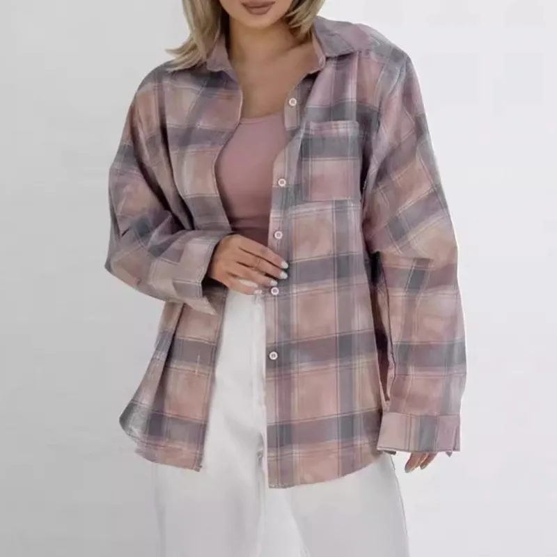 Blusa a cuadros para mujer, camisas holgadas de manga larga con cuello vuelto, camisas con estampado Vintage, Tops informales para mujer a la moda de verano 2024