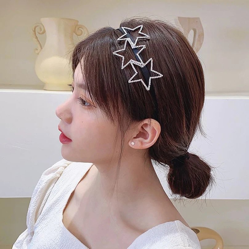 AWAYTR Korean Hollow Pentagram Rhinestone Headband Women\'s All-Match Simple Headband Hair Accessories Fine Black Hair Hoop