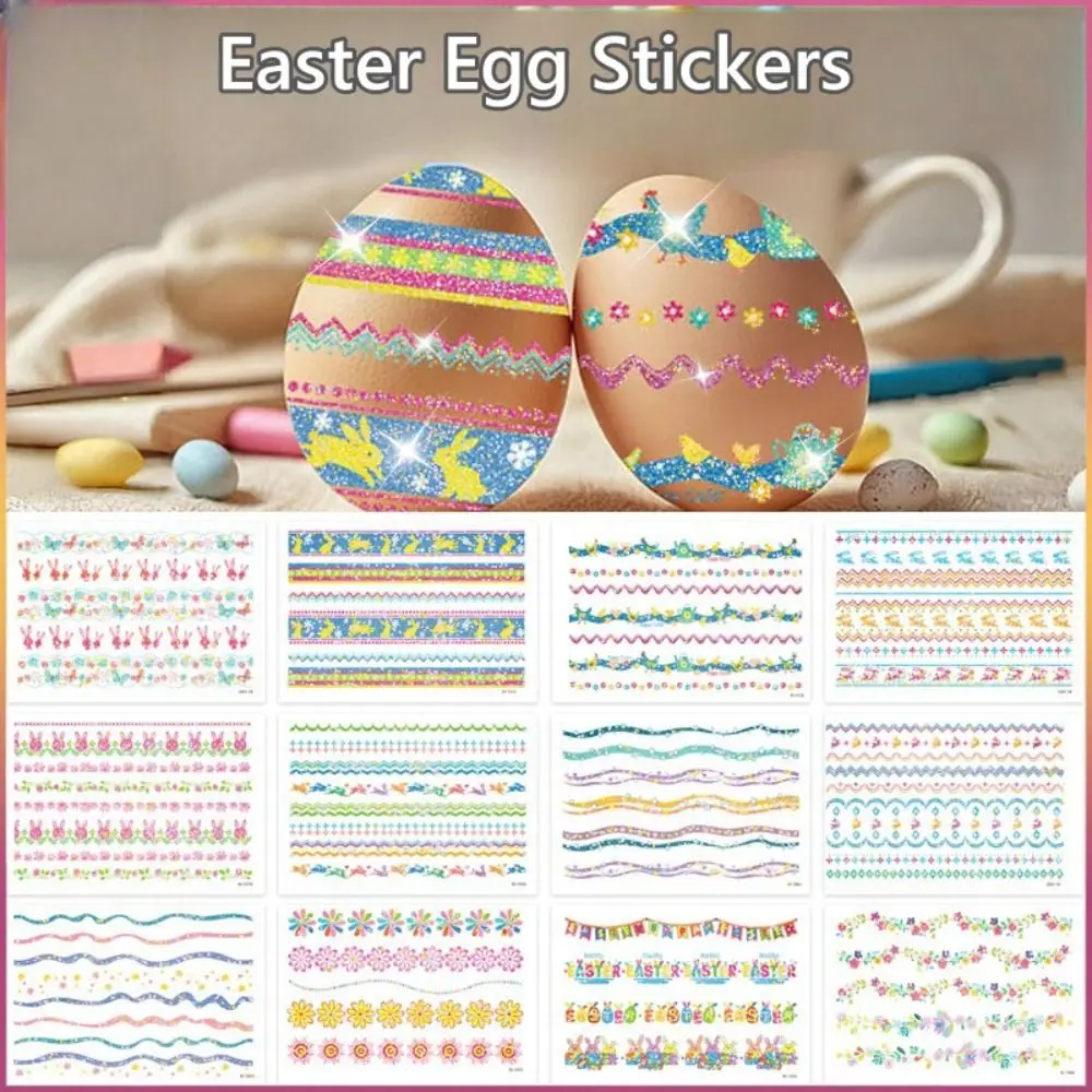 16 Sheets Disposable Easter Egg Stickers Glitter Colorful Stripes Tattoo Stickers Cartoon Bunny Flower Stationery Stickers