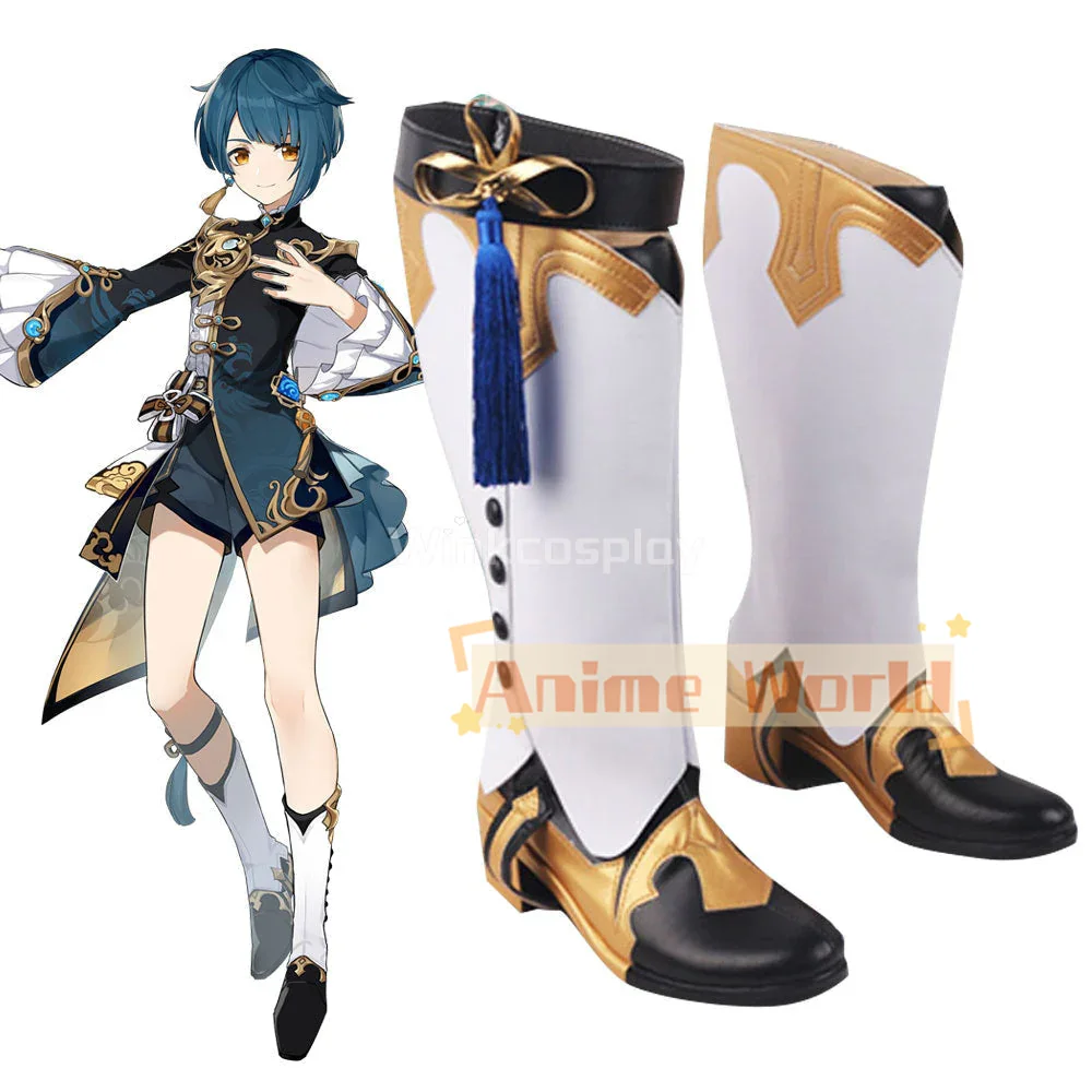 Genshin Impact Xingqiu scarpe bianche nere stivali Cosplay stivali di carnevale di Halloween su misura