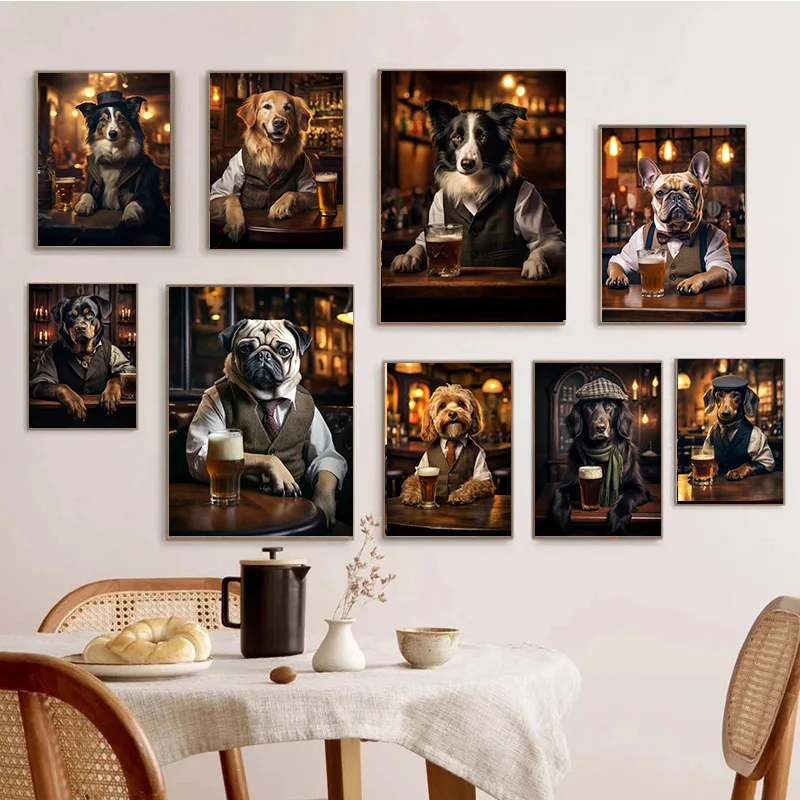 Cute Pug German Shepherd Corgi Collie Dog in The Pub Poster Prints Canvas Painting Animal Beer Wall Art Room Home Decor Cuadros