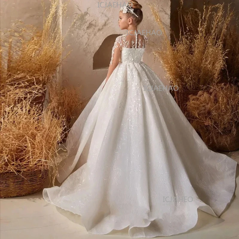 2026 New Children Sweep Train Kids Wedding Bridesmaid Dress Lace Long Sleeve Birthday Host Piano Girls Performance Gown Costume