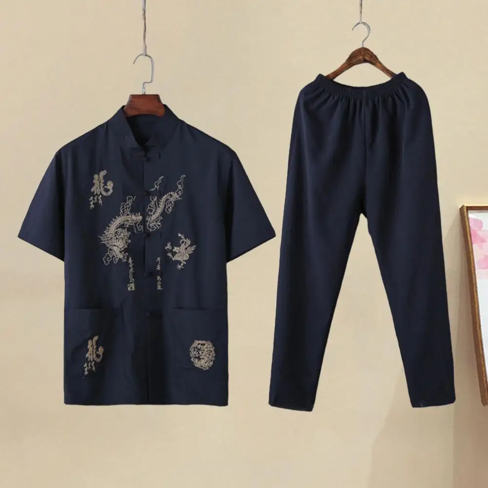 Chinese Style Elements Outfit Chinese Style Dragon Pattern Suit Set for Mid-aged Men Stand Collar Short Sleeve Tops for Men