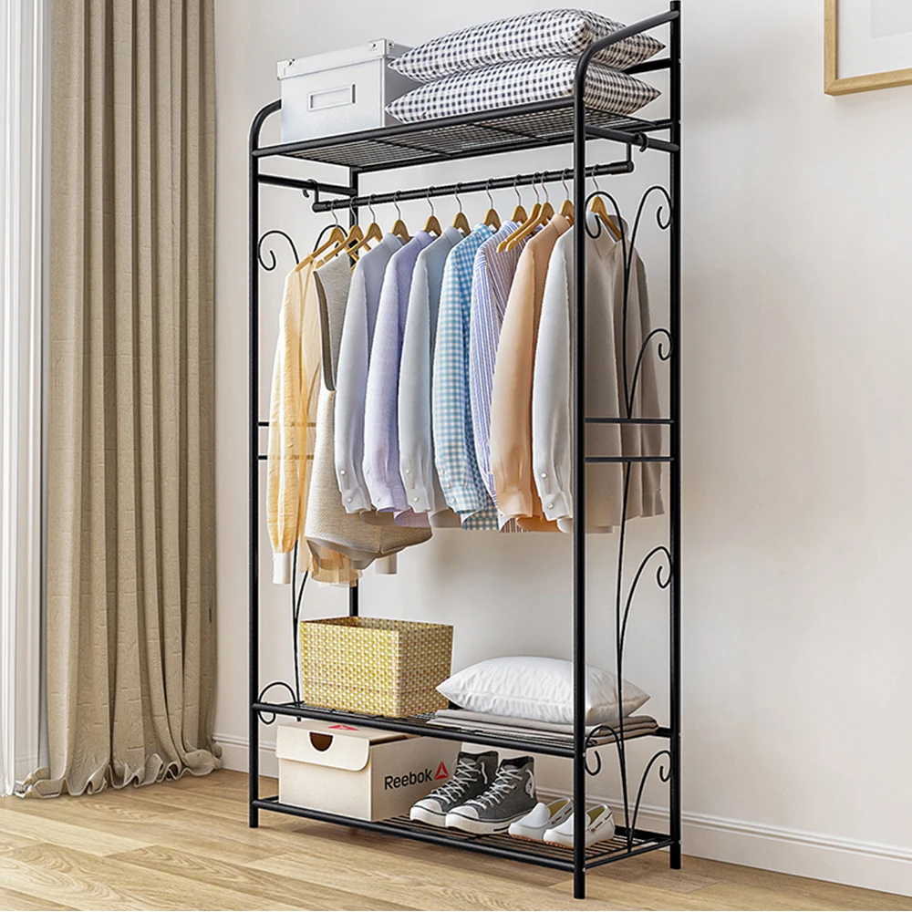 Metal Clothes Rack Stand Heavy Duty Garment Rail with 2 Storage Shelves for Shoes & Closet Organization
