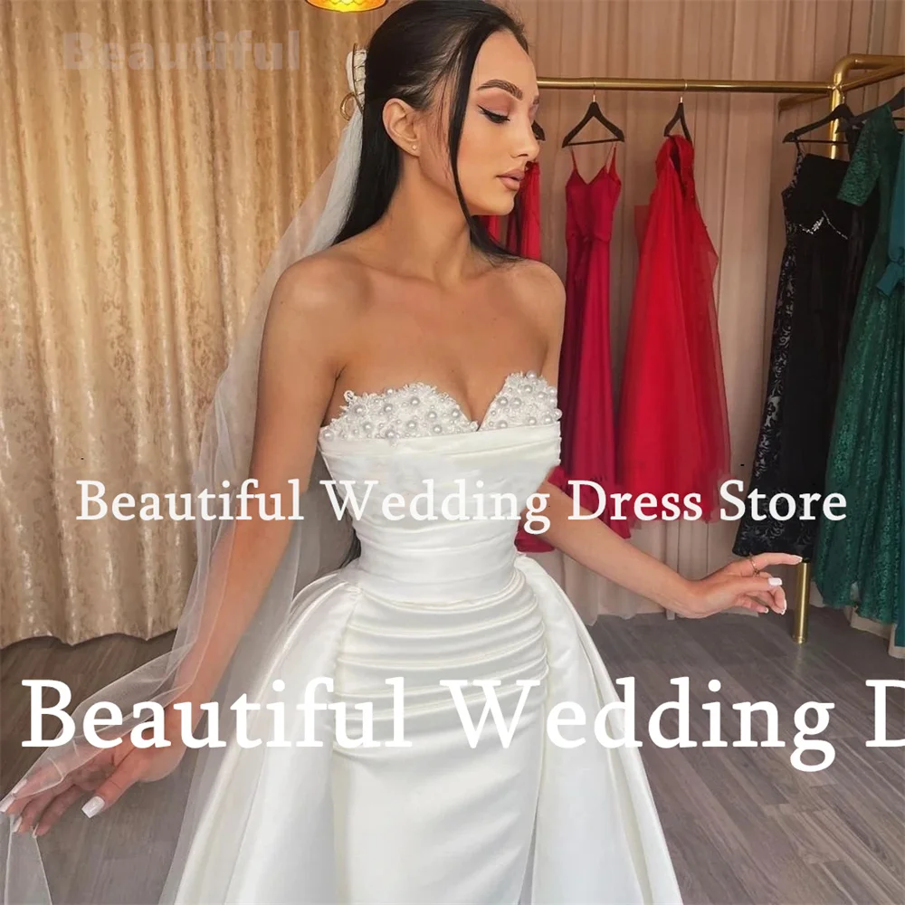 Beadding Sweethear Neck Wedding Dress For Women Strapless Sleeveless Mermaid Satin Detachable Train Bridal Gown Vestidos de novi