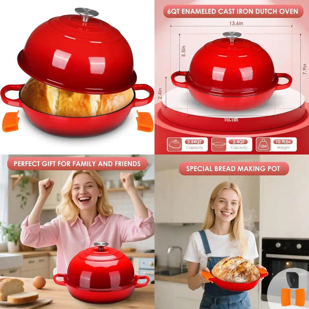 

Non-Stick Dome-Shaped 6qt Enamel Cast Iron Dutch Oven for Bread Baking, Pot with Lid and Silicone Handles, Perfect for Homemade