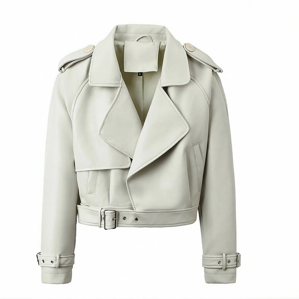 سترة نسائية للخريف والشتاء بأكمام طويلة وطية صدر السترة بلون سادة معطف جلدي أساسي أنيق للشارع للنساء #1