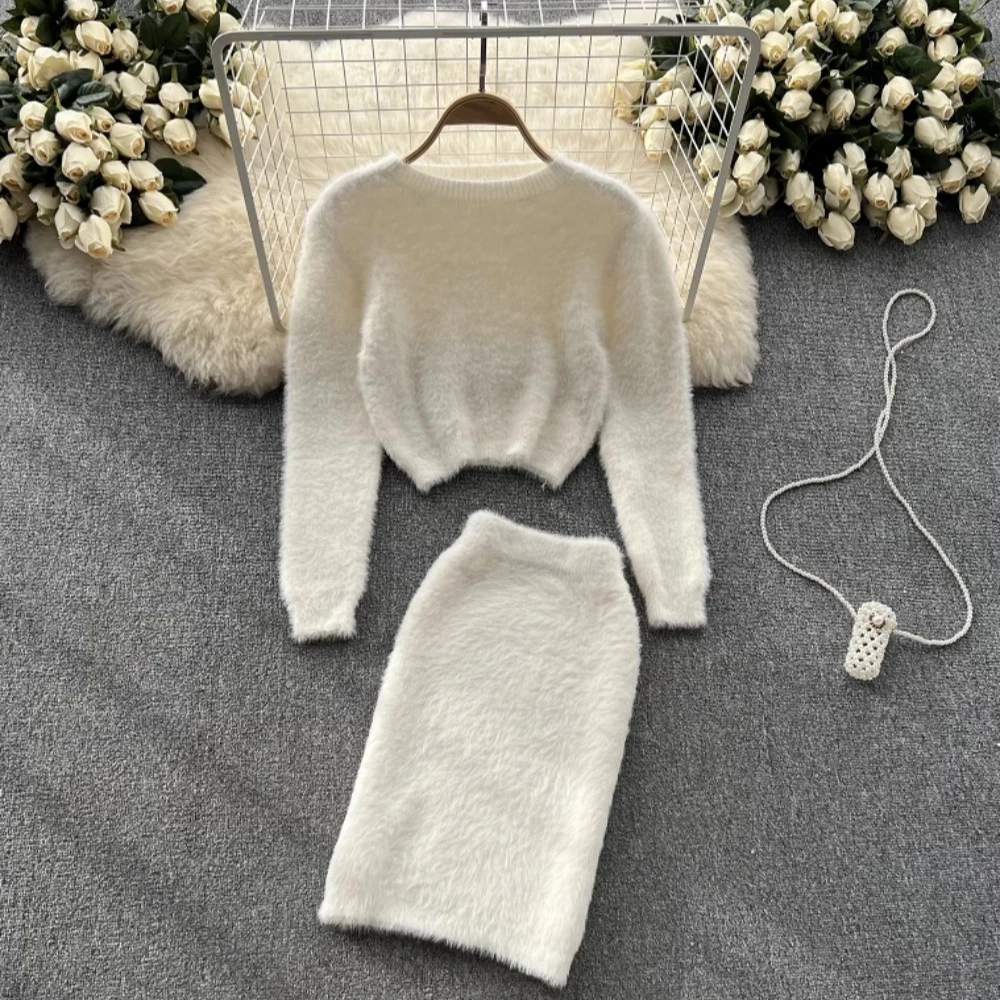 Chic Plush Women Two-Piece Sets Vintage O-neck Knitted Sweater Top High Waist Skirt French High Street Autumn Winter Clothing