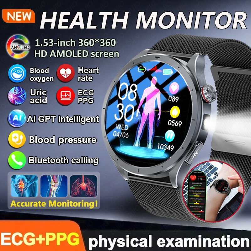 

New Smart Watch ECG + PPG Blood Pressure Uric Acid Smart Voice Assistant Medicine Reminder Bluetooth Call Men Women Smart Watch