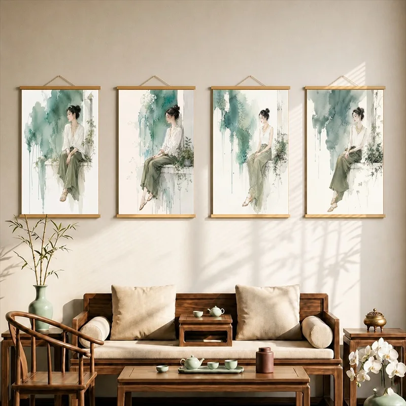 Old Southern Courtyard Canvas Wall Art Hanging Scroll Nostalgic Chinese Architecture Print with Wooden Rods for Room