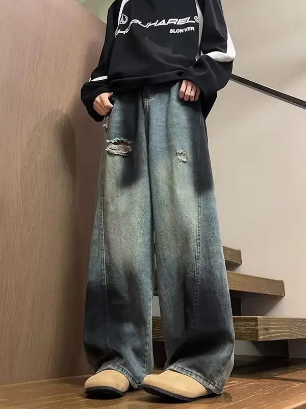 

Рваные джинсы унисекс с эффектом напыления, широкие, свободные, прямого кроя, длинные брюки, осенне-зимние, из деконструированного денима