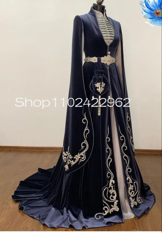 Navy Blue Velvet Chechen Wedding Dresses Muslim High Neck Embroidery Beaded Cape Long Sleeve Circassian Bridal Gown