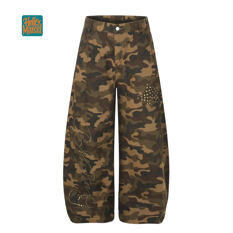 HELLOMARCEL EU US Size Luxury Quality Casual Pants Autumn Street Fashion Graphic Rhinestone High Waist Camouflage Jogger Pants