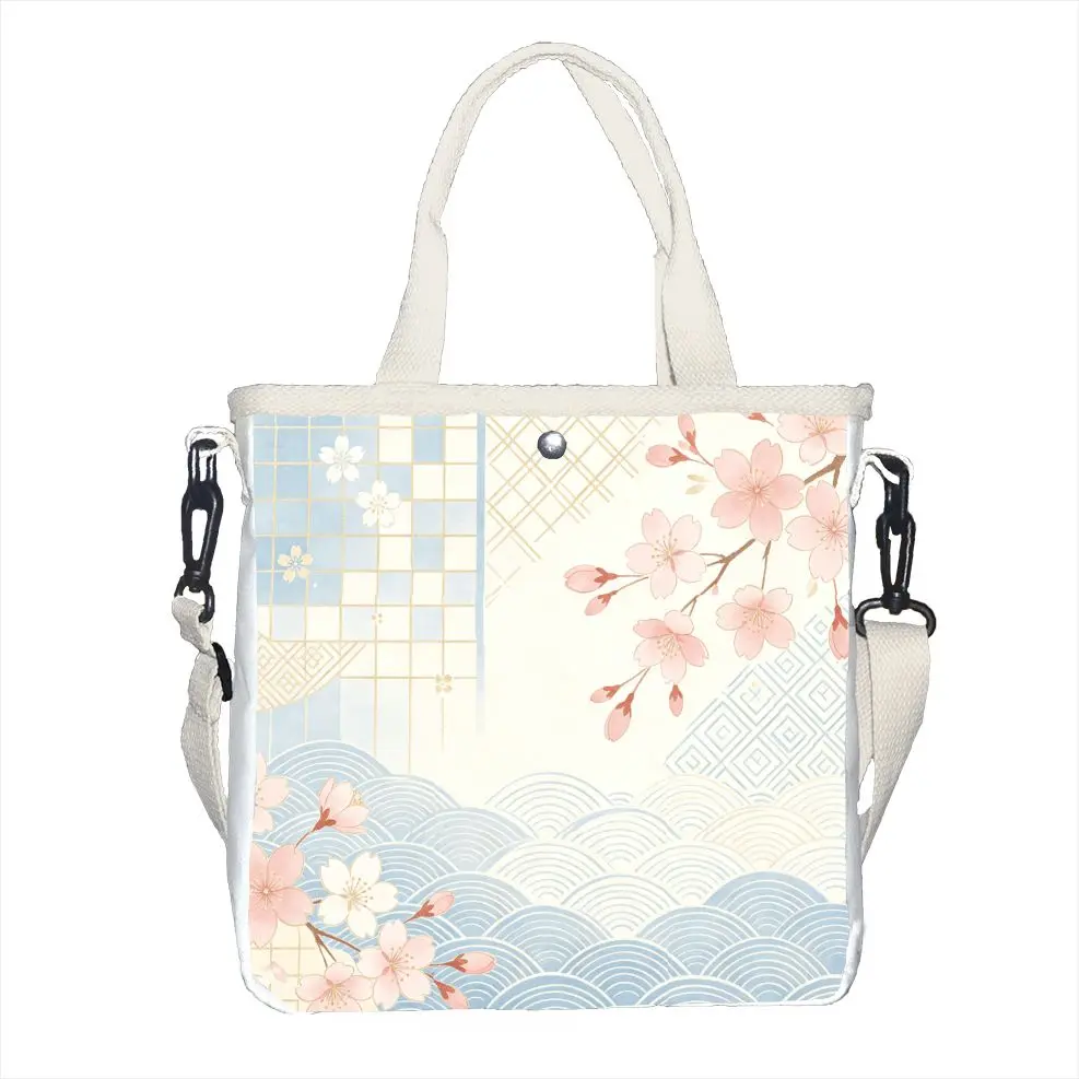 1pc Pastel Sakura & Wave Print Tote Bag, Adjustable Strap Japanese Floral Shoulder Bag