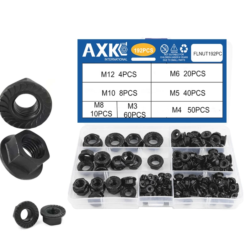AXK  Black Flange Nut  Assortment Kit M3-M12 Hexagon Carbon Steel Serrated Spinlock Flange Lock Nut Set DIN6923 CNA Turning