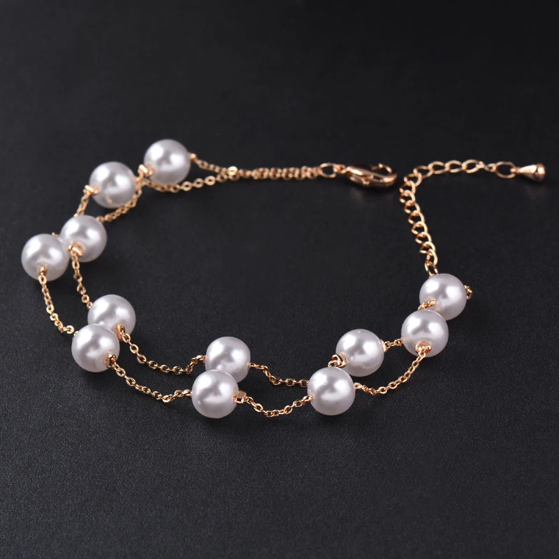 SINLEERY Elegant White Pearl Bracelet 2 Layer Link Chain Bracelets For Women Rose Gold Silver Color Wedding Jewelry SL061