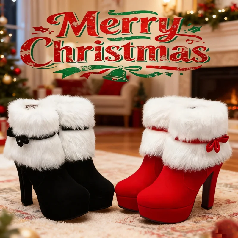 

Winter Women Ankle Boots Christmas High Heels Platform Shoes Femme Warm Fur Short Boots Red Black Ladies Party Shoes Plus Size