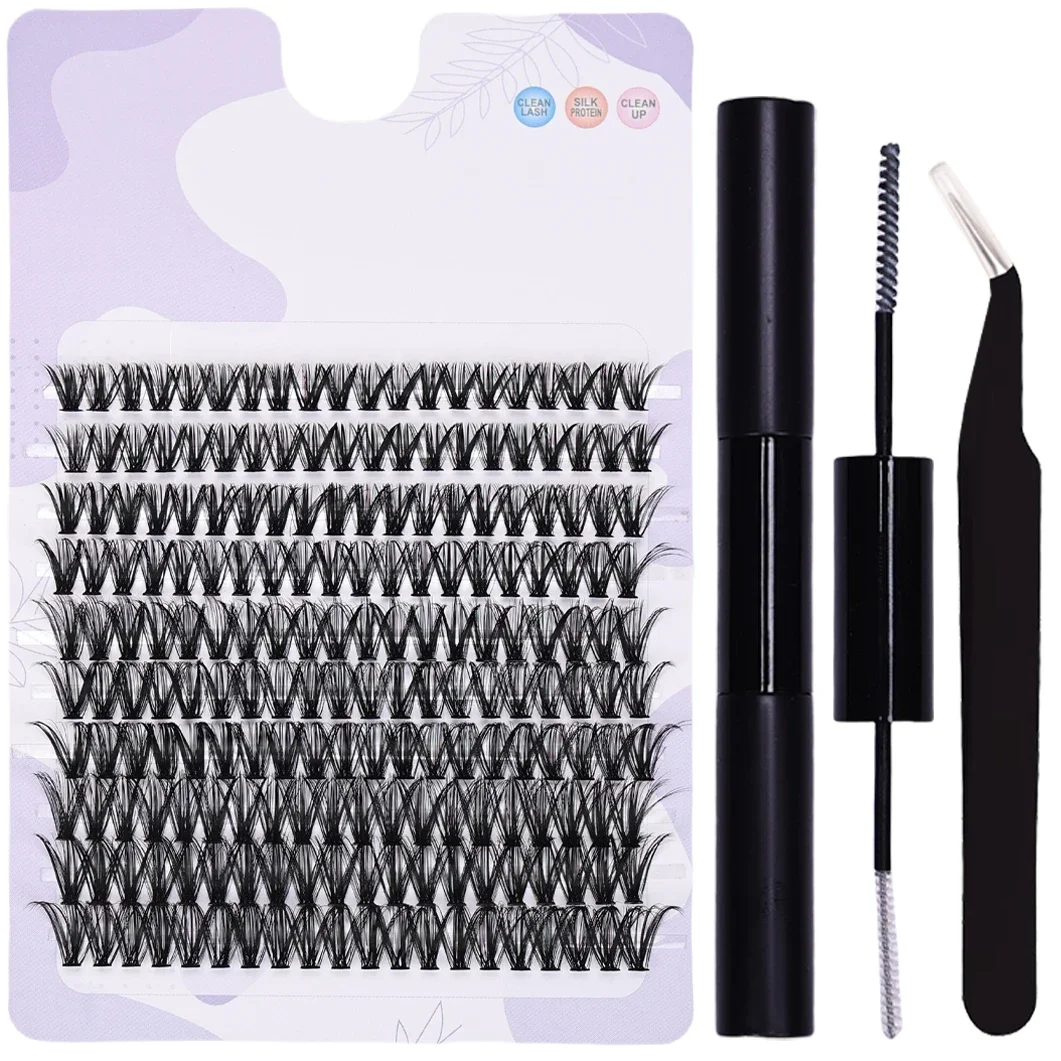 False Eyelash Extension Kit - 200pcs Clusters with Adhesive and Sealant Plus Tweezers for DIY Lash Extensions