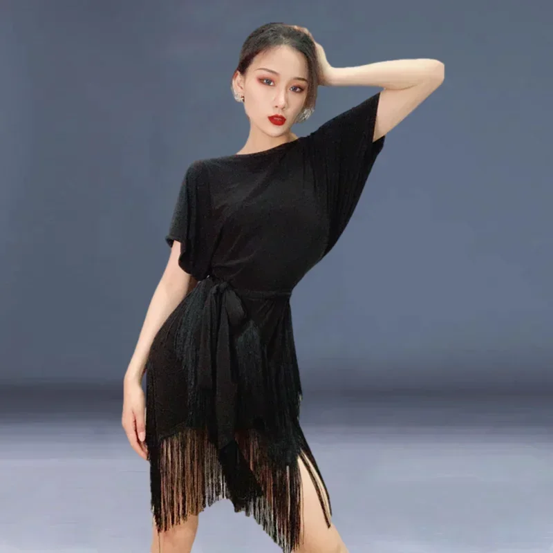 Vestido de dança latina preto feminino adulto emagrecimento solto vestido de treinamento de manga curta de alta qualidade saia de franja de uma peça vestido de dança