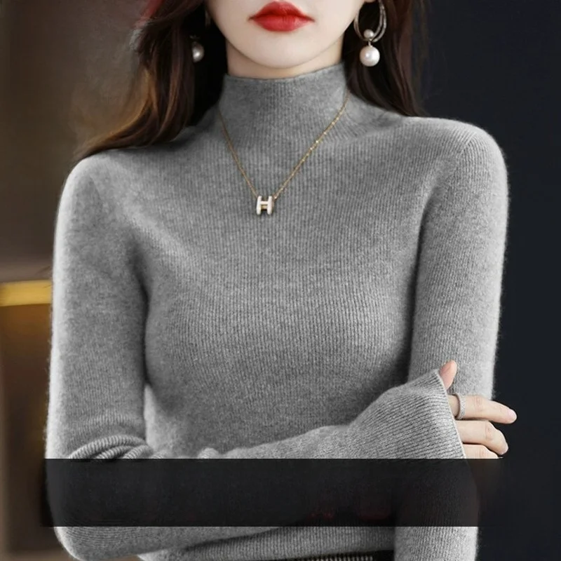 

Облегающий шерстяной вязаный свитер с высоким воротником, обычная длина све, однотонный женский топ для поездок на работу