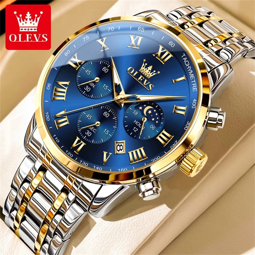 OLEVS Brand Luxury Moon Phases Quartz Watch for Men Stainless Steel Waterproof Sport Chronograph Watches Mens Relogio Masculino