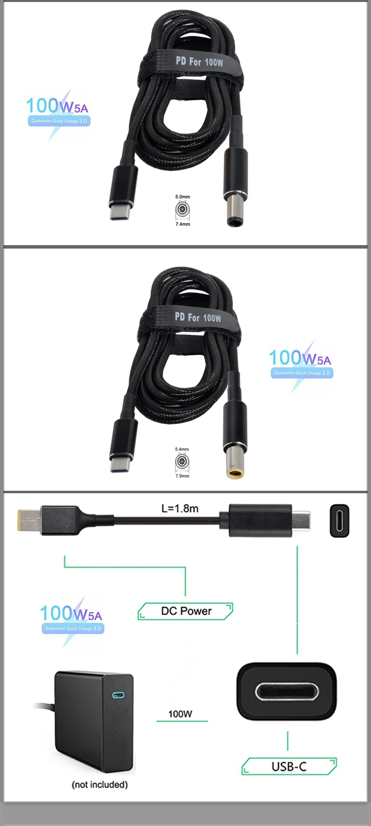 1.5M 100W PD USB Type C To Notebook Laptop AC Power Supply DC Adapter Charger Cable Cord Jack Plug For Hp Asus Lenovo Dell SONY