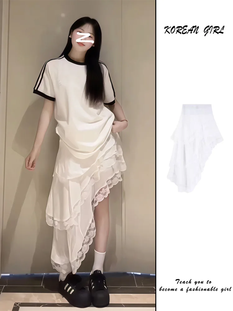 تنورة ميدي غير متماثلة بحواف دانتيل بيضاء للنساء تصميم جديد لربيع وصيف بخصر مرتفع وحافة مائلة على الطراز الكوري للعمل