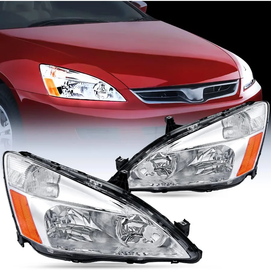 مجموعة المصابيح الأمامية للمصابيح الأمامية البديلة لـ 20032007 Accord مع مبيت من الكروم وعاكس كهرماني مثالي للقيادة الليلية و #1