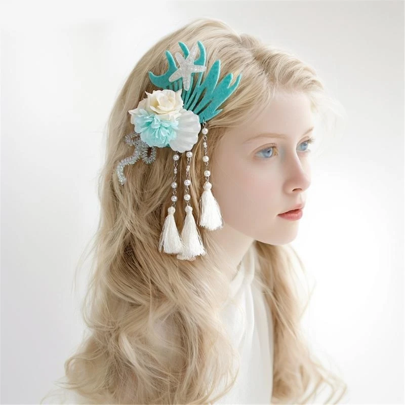 

Girls Hair Clip with Shell Women Kid Hairgrips Pearls Headwear Barrettes Pearls Pendant Beach Girls Hairpin 15UB