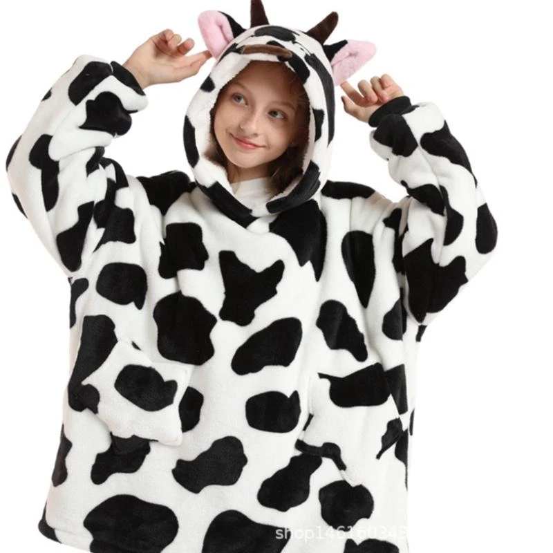 Y4UD Kids Boys Girls Wearable Hoodie Blanket Cartoon Animal Winter Warm Faux Fleece Pullover Sleeves Sweatshirt Towel