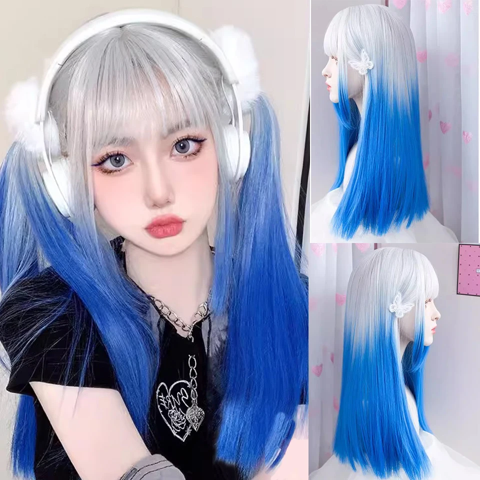 

Women's Wig Synthetic White Gradient Blue Long Straight Hair With Bangs Cos Girlish Wig Natural Cosplay Party Heat-Resistant.