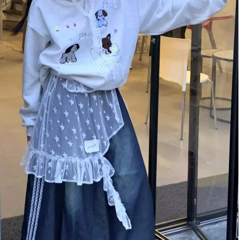 Sweet Star Lace Mini Skirt Japanese Style Hight Waist Gauze Skirt Irregular Fairy Faldas Ruffled Edge Skirt Female