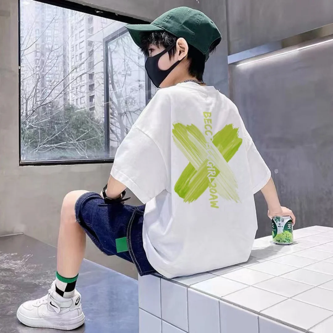 Children's simple trendy printed pattern round neck short-sleeved top T-shirt niche design boy T-shirt summer boy casual wear