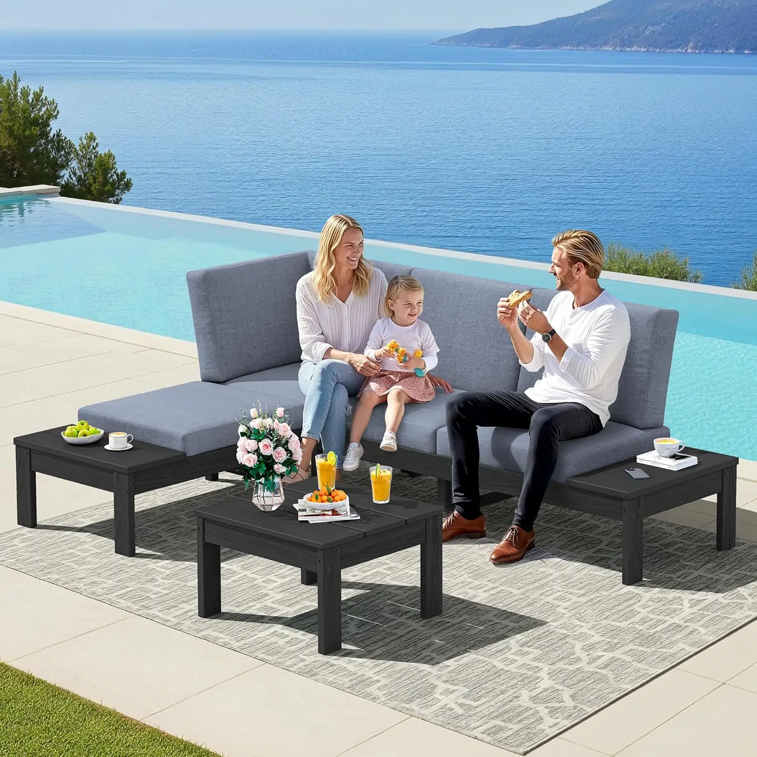 

4 Seat Outdoor Sectional w/ Adjustable Backrest & Table All Weather Patio Furniture, Customized