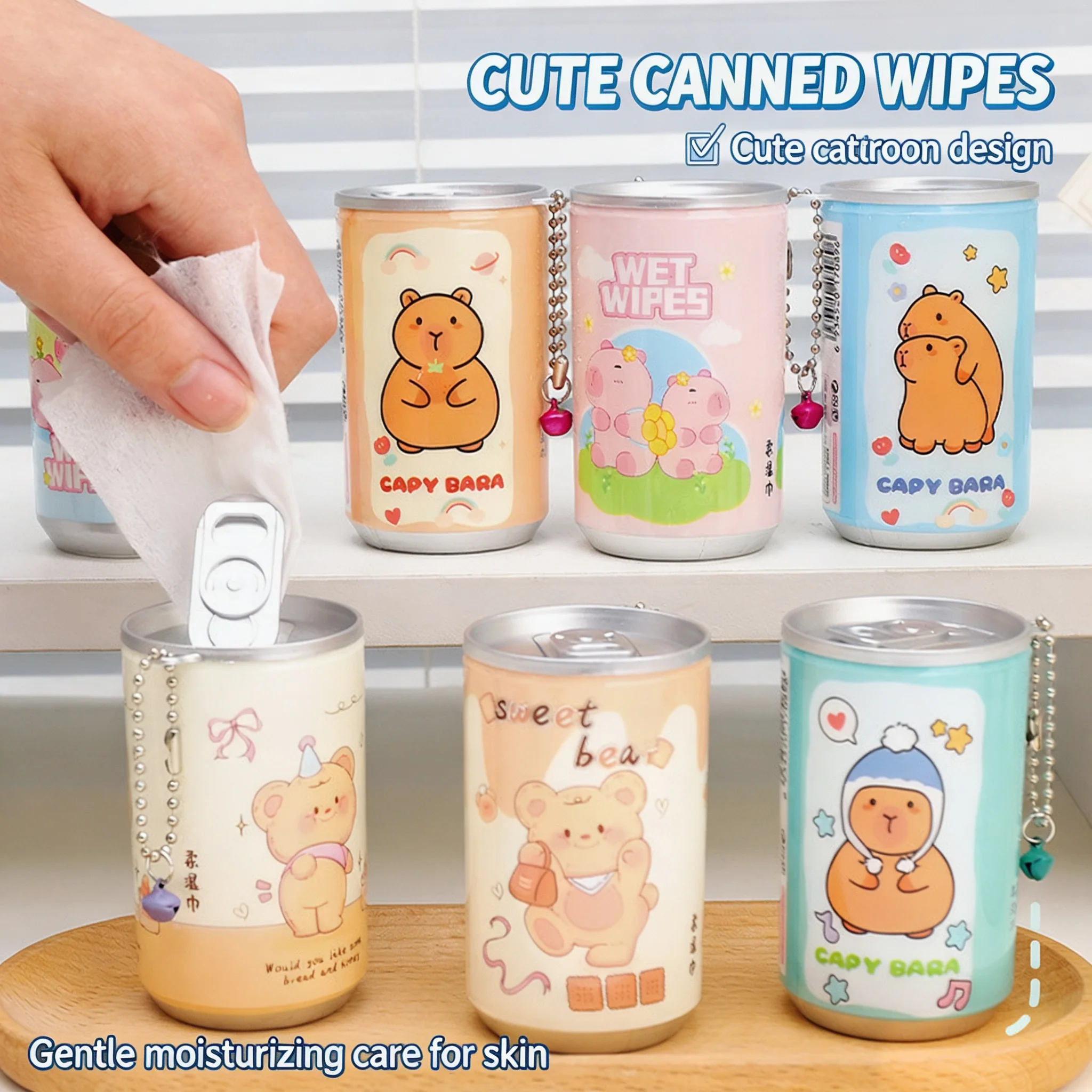 Cute Can‑Shaped Wet Wipes Dispenser Portable Travel Hand Face Wet Tissue with Chain for Purse Backpack Car Outdoor Novelty Party