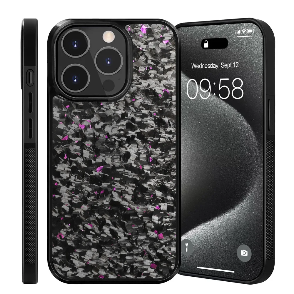 本物の光沢のある鍛造カーボン + TPU ケース iPhone 17 16 15 14 13 12 11 Pro Max 14+ 15+ 耐衝撃 フルプロテクション スマホ背面カバー