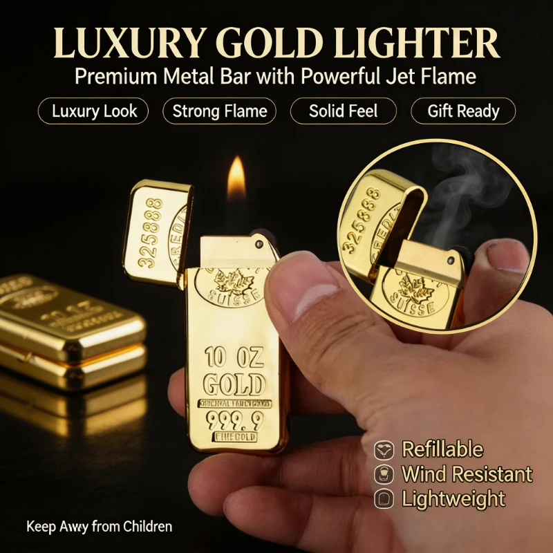 Metal Grinding‑Wheel Butane Gas Lighter,Trendy Fashion Gold‑Bar Shape,Practical Tobacco Accessory,Handy PortableOutdoor Ignition