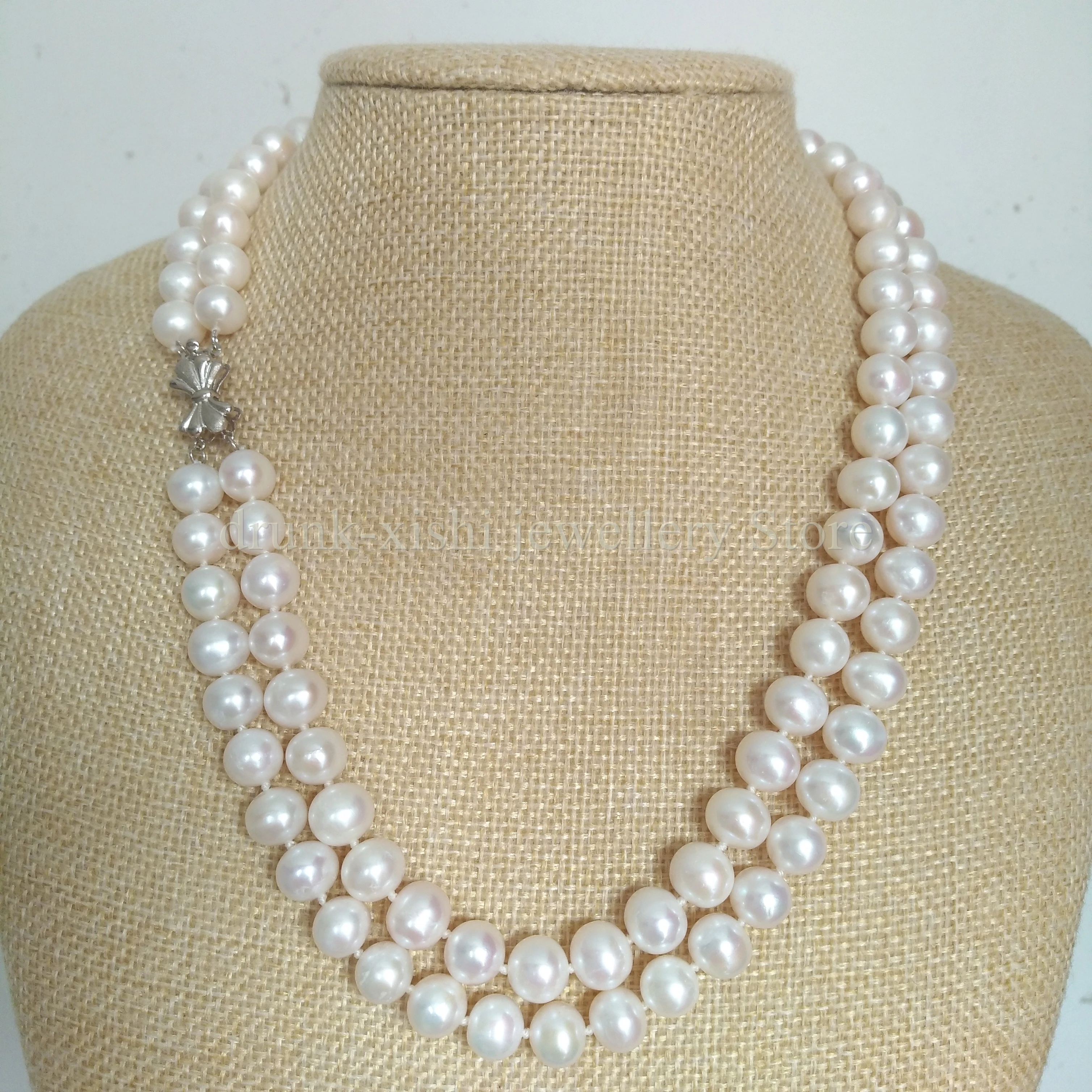 9-10mm Natural Seawater 8-9mm Double Strand 2 Rows Princess Real Pearl Necklace White Near Round Bead At Party Wedding Birthday