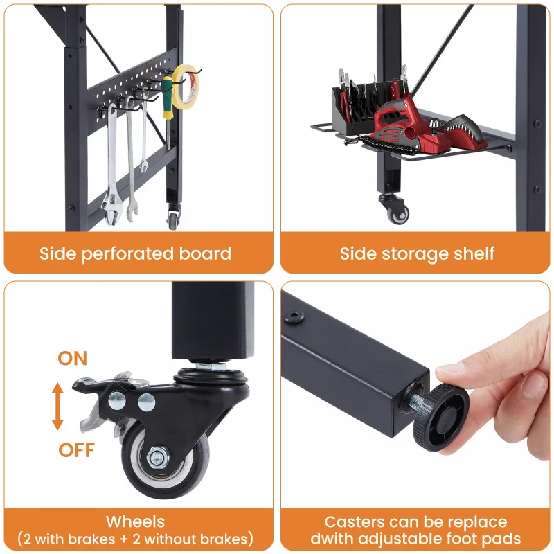 48''Adjustable Workbench with pegboard, Heavy Duty Wooden Desktop Workbench with Wheels, 1600 lb. Load Capacity, Rolling Workben