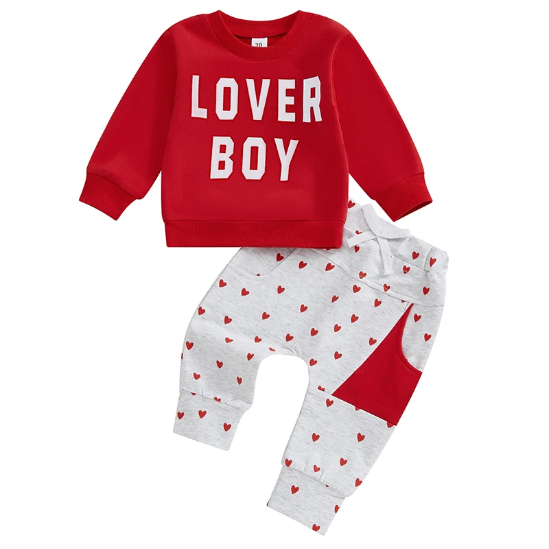 Baby Boy Valentine’s Day Outfits Long Sleeve Sweatshirt Heart Print Pants Set Toddler Clothes