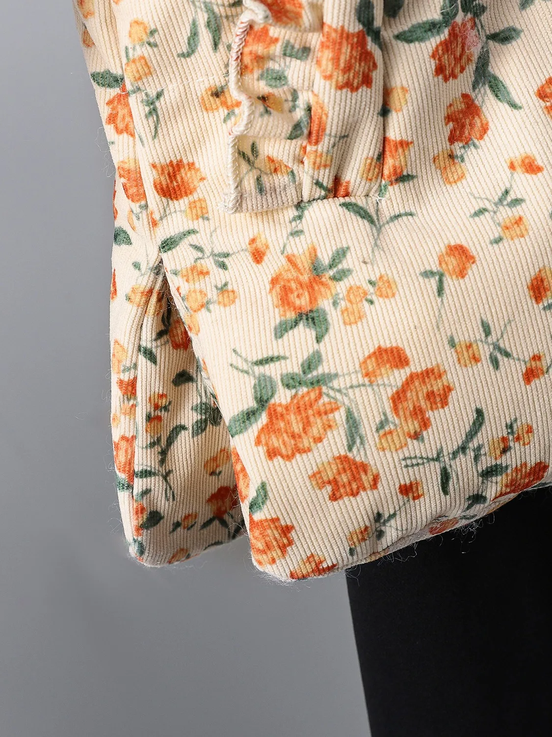 Women's Thickened Corduroy Floral down Cotton Jacket Winter Coat Large Size Button Stand Collar Bread Style Short Outerwear