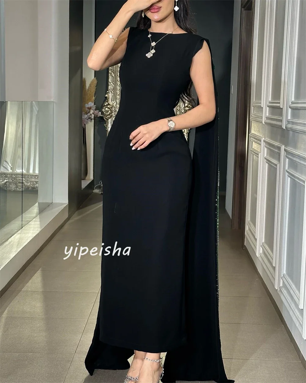 Customized Jersey Sequined Wedding Party A-line High Collar Bespoke Occasion Gown Midi Dresses