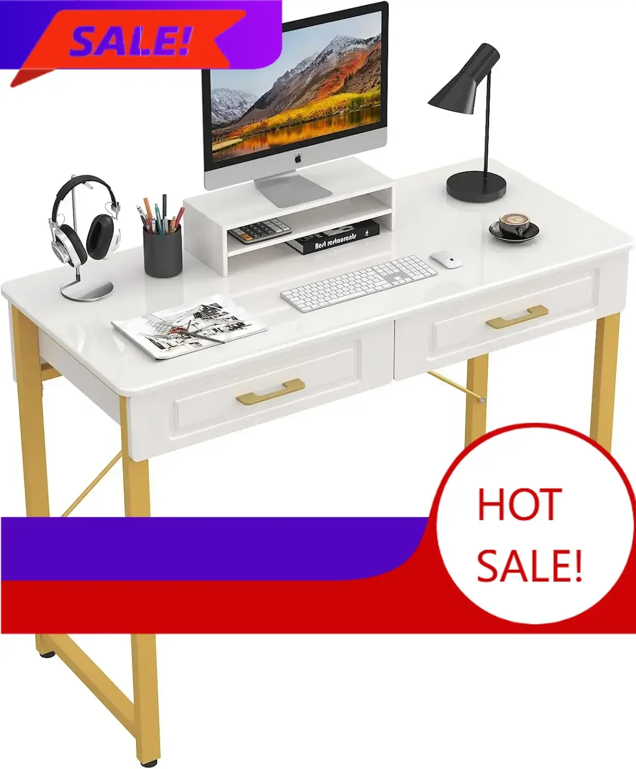 BestsellerBestsellerBestseller[Discounted Price!]Modern Makeup Vanity Desk with Glossy Desktop,Bedroom Home Office Writing Desk