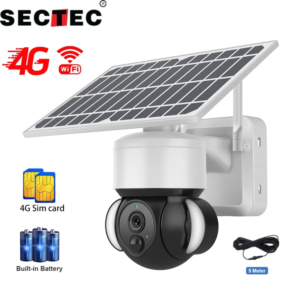 

SECTEC 4G SIM WIFI Solar Camera 2MP H265 Outdoor Wireless CCTV Solar Panel Security Surveillance Battery Camera Color Light PIR