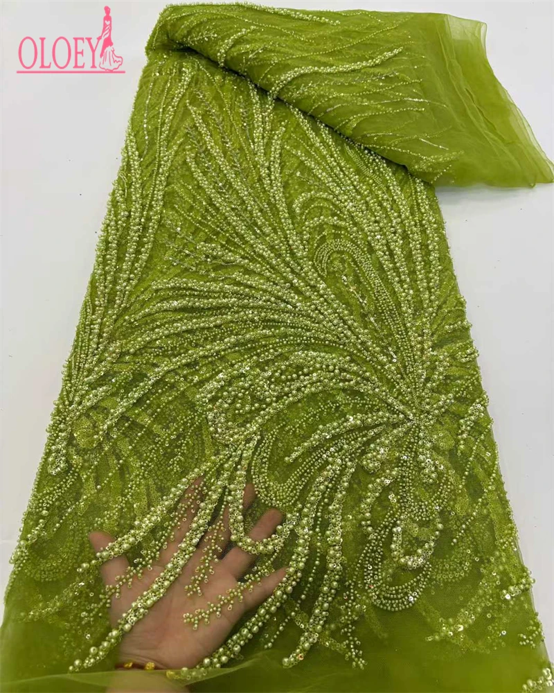 Kain Brokat Afrika OLOEY, Kain Brokat Berhias Manik-Manik Buatan Tangan, Payet Prancis, Bordir Nigeria, Kain Brokat Jala untuk Menjahit