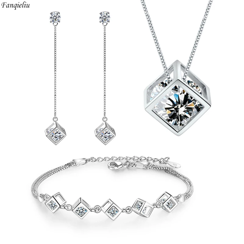 

925 Sterling Silver Jewelry Sets For Women Crystal Pendant Necklace Charms Bracelet Square Stud Earrings FQL22091