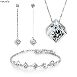 925 Sterling Silver Jewelry Sets For Women Crystal Pendant Necklace Charms Bracelet Square Stud Earrings FQL22091