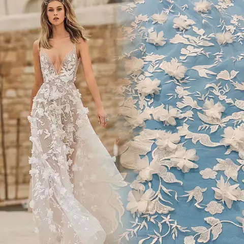 Lace Fabric with 3D Flower Applique, Wedding Dress, Bridesmaid Headdress Dress, Chiffon Flowers, -White, RS4112