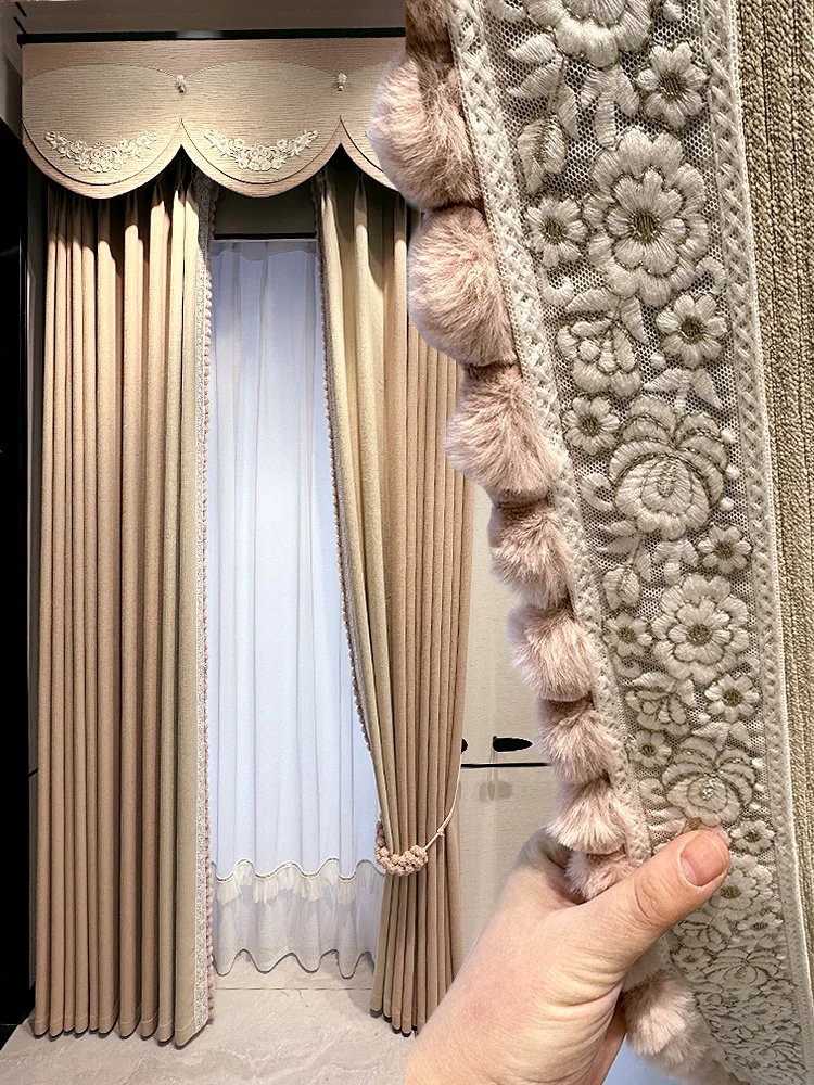 

Custom curtain luxury Princess pink French Hairball chenille bedroom cloth livingroom blackout curtain tulle valance drape M1493