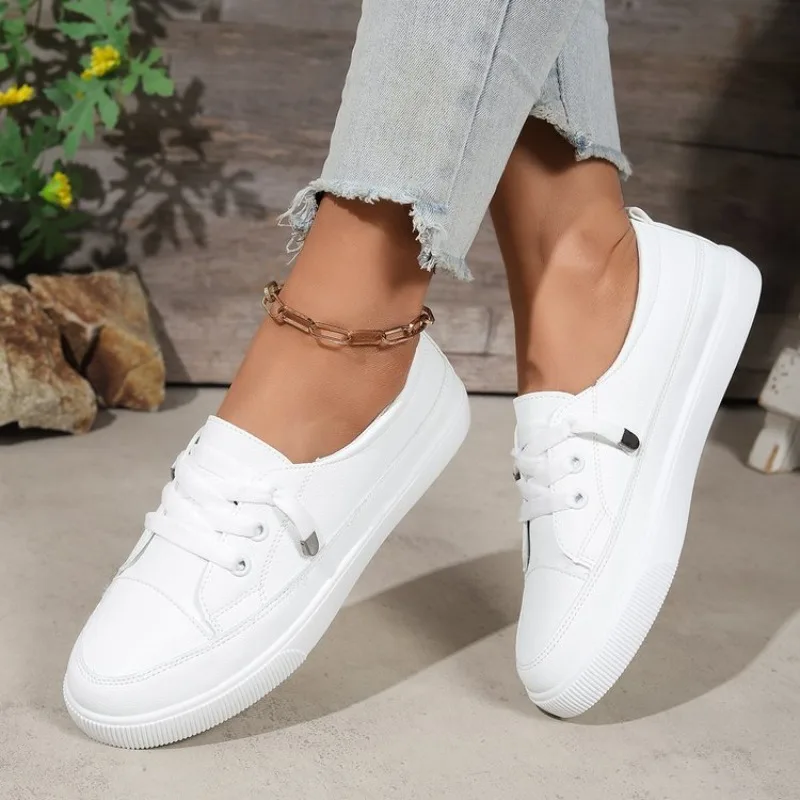Women's Sneakers Round Toe Casual Flat Shoes Textured Upper Slip-On Design Ribbed Outsole Metallic Lace Detailing for Daily Wear view 6